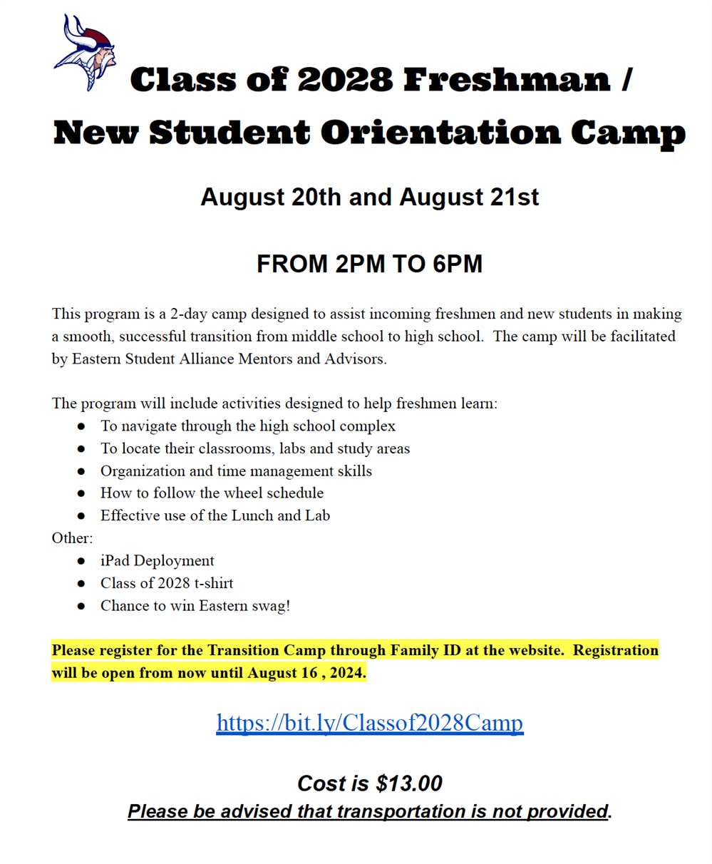 Class of 2028 Freshman / New Student Orientation Camp (August 20th and August 21st, 2024)